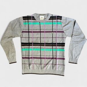 Lacoste Vintage Gray Sweater with Purple + Green Plaid